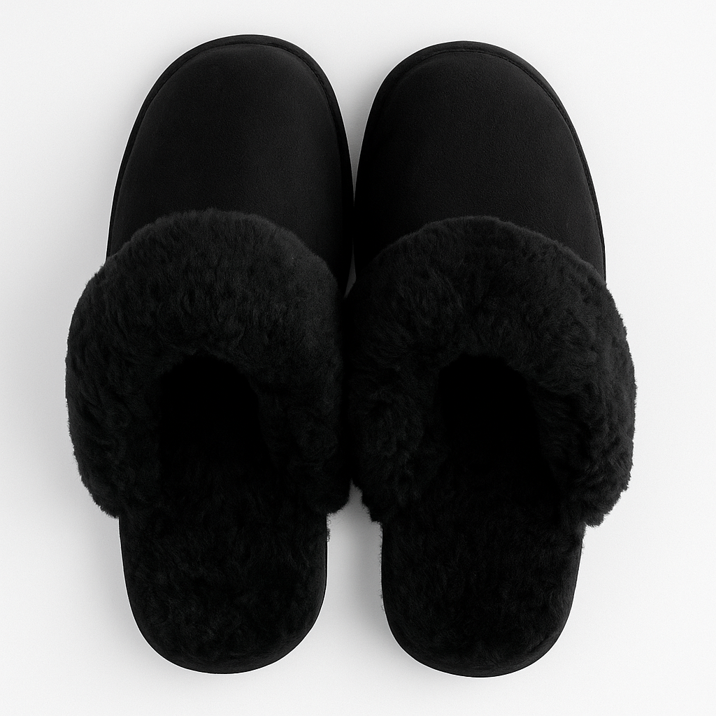 Sheepskin Wool Womens Slippers Scuffs Slip On Winter Ugg Slippers in Black - 9