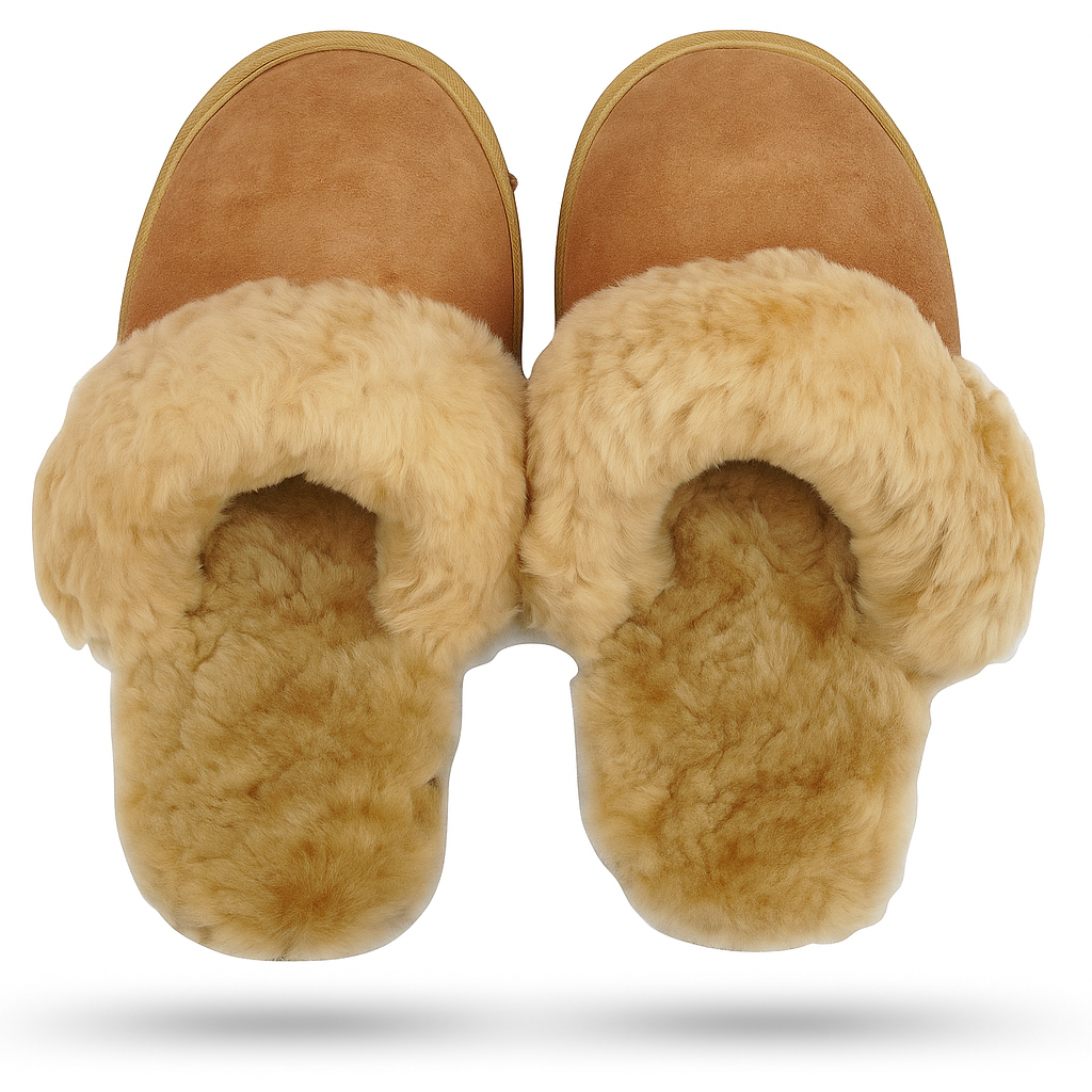 Sheepskin Wool Womens Slippers Scuffs Slip On Winter Ugg Slippers in Chestnut - 10