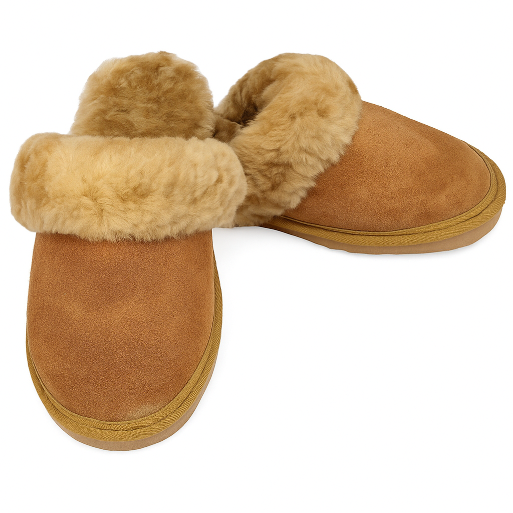 Sheepskin Wool Womens Slippers Scuffs Slip On Winter Ugg Slippers in Chestnut - 6