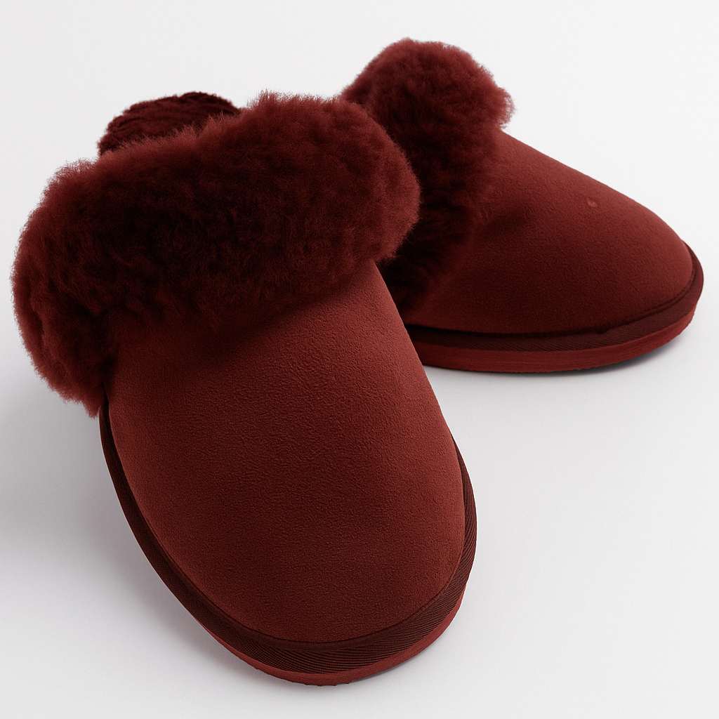 Sheepskin Wool Womens Slippers Scuffs Slip On Winter Ugg Slippers in Burgundy/Red - 6