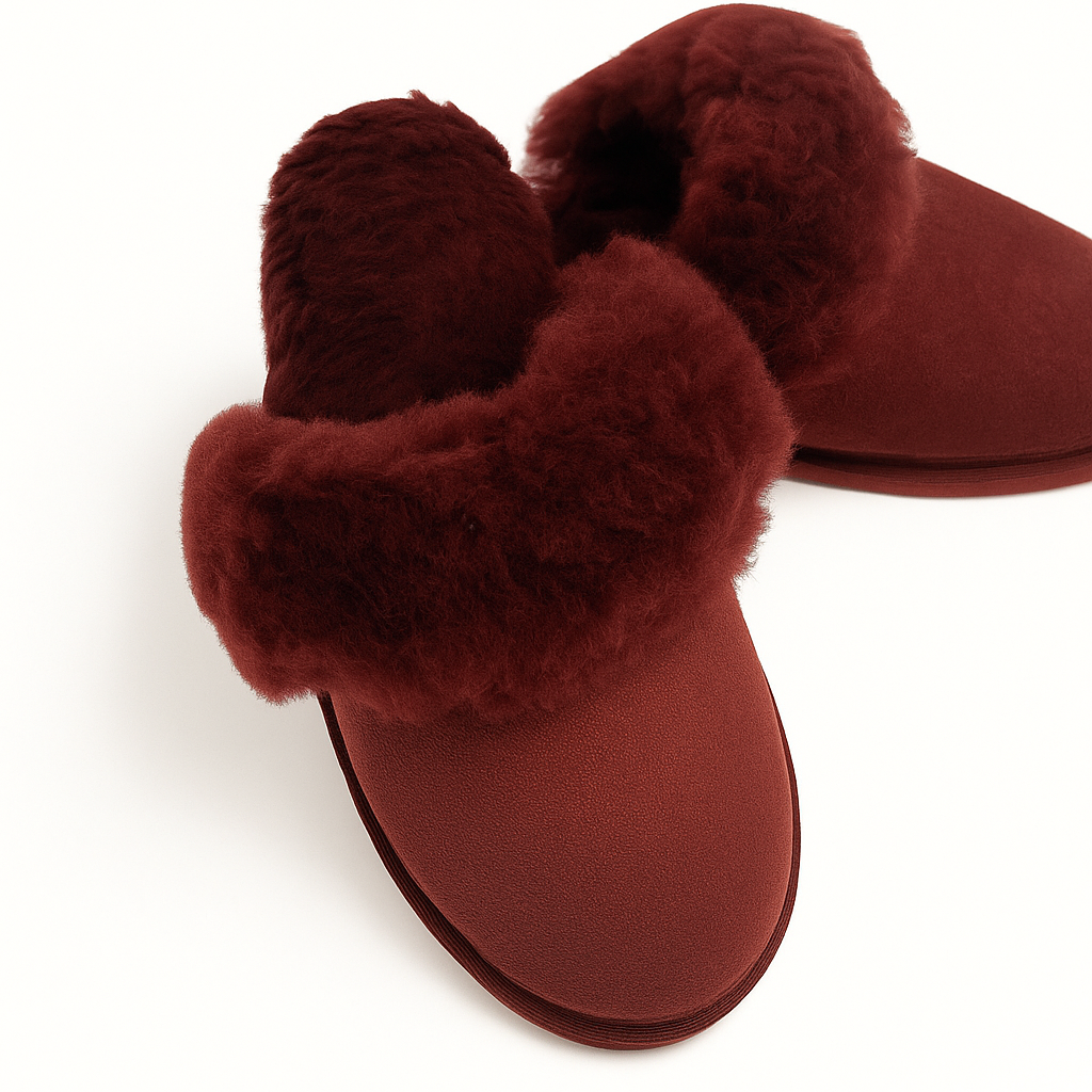 Sheepskin Wool Womens Slippers Scuffs Slip On Winter Ugg Slippers in Burgundy/Red - 8