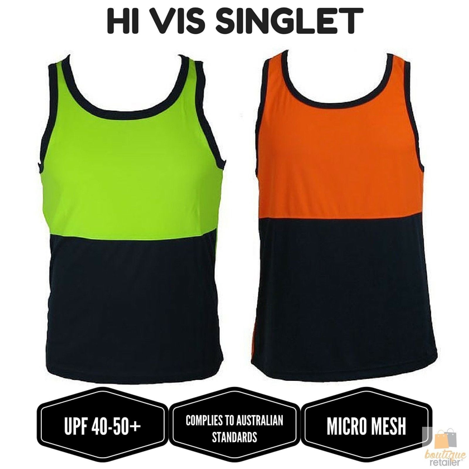 Hi Vis SINGLET Work Wear Safety Tank Top Fluro Micro Mesh UPF50+ High Visibility - Lime - XX-Large V563-BR-SINGLET-LME-XXL