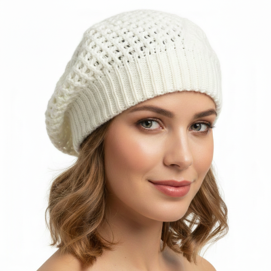 Womens FRENCH BERET HAT Knitted Cap Winter Warm Double Layered Ladies Beanie - White V563-BR-WNSFBHAT-WHT