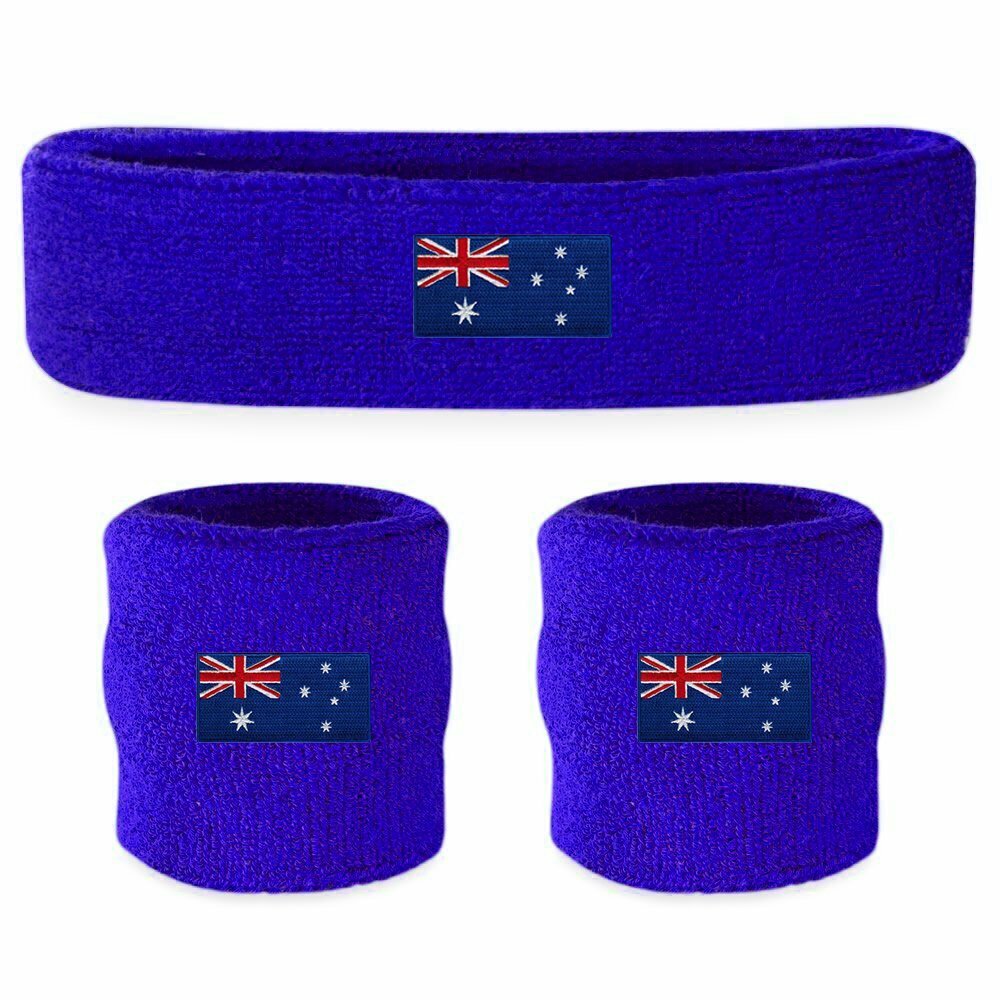 WRISTBAND & HEADBAND SET Tennis Terry Towelling Cotton Sweat Band Team Gym - Australia Flag V563-BR-WRISTXHBSET-AUSFLG