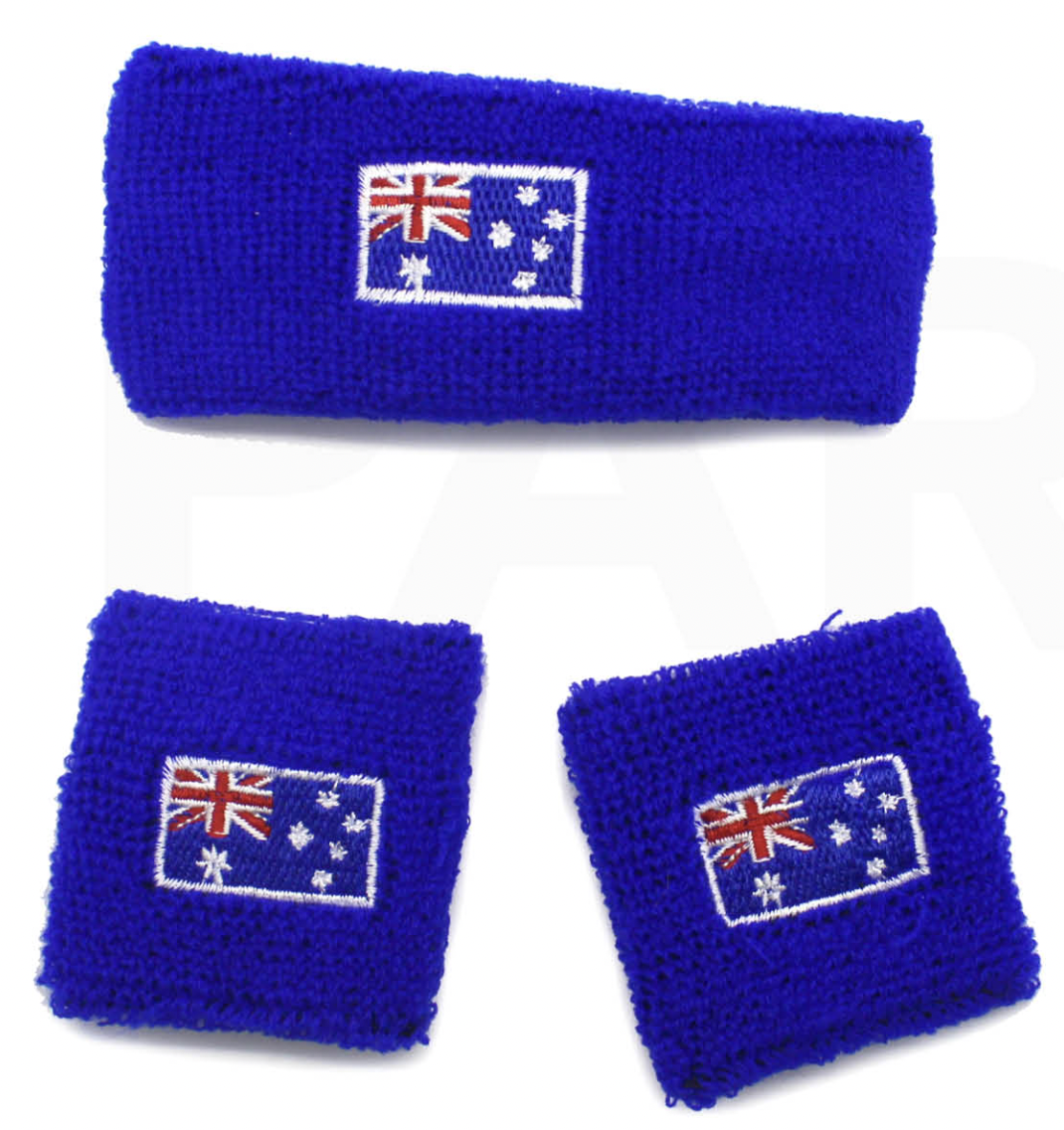 WRISTBAND & HEADBAND SET Tennis Terry Towelling Cotton Sweat Band Team Gym - Australia Flag V563-BR-WRISTXHBSET-AUSFLG