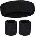 WRISTBAND & HEADBAND SET Tennis Terry Towelling Cotton Sweat Band Team Gym - Black V563-BR-WRISTXHBSET-BLK