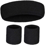 WRISTBAND & HEADBAND SET Tennis Terry Towelling Cotton Sweat Band Team Gym - Black V563-BR-WRISTXHBSET-BLK
