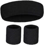 WRISTBAND & HEADBAND SET Tennis Terry Towelling Cotton Sweat Band Team Gym - Black V563-BR-WRISTXHBSET-BLK