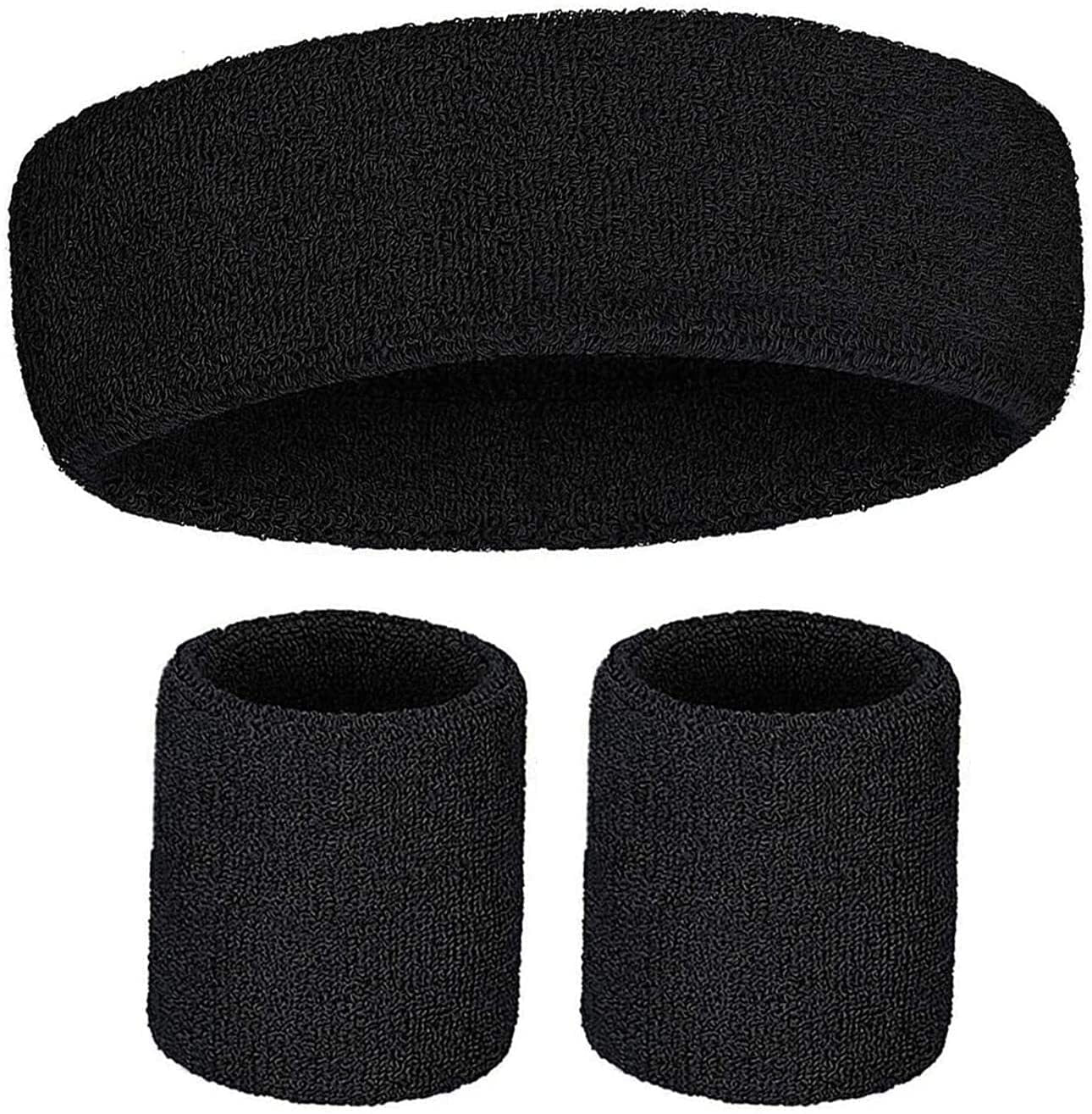 WRISTBAND & HEADBAND SET Tennis Terry Towelling Cotton Sweat Band Team Gym - Black V563-BR-WRISTXHBSET-BLK