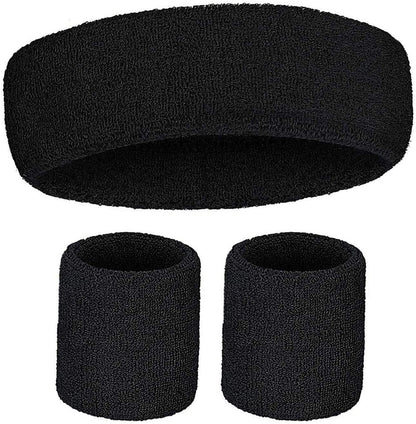 WRISTBAND & HEADBAND SET Tennis Terry Towelling Cotton Sweat Band Team Gym - Black V563-BR-WRISTXHBSET-BLK