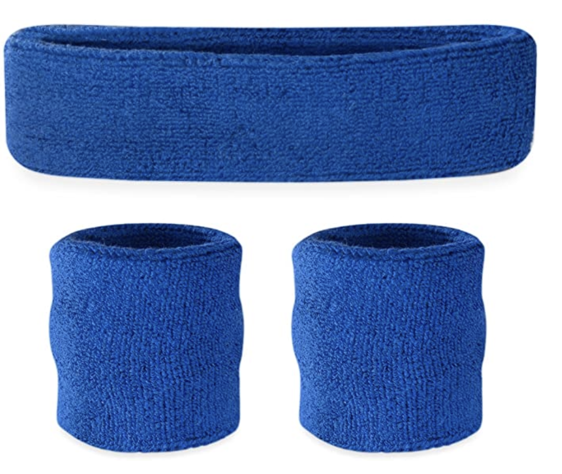 WRISTBAND & HEADBAND SET Tennis Terry Towelling Cotton Sweat Band Team Gym - Blue V563-BR-WRISTXHBSET-BLU