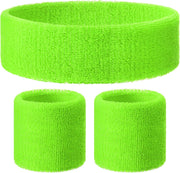 WRISTBAND & HEADBAND SET Tennis Terry Towelling Cotton Sweat Band - Fluro Light Green V563-BR-WRISTXHBSET-FLUROGREEN
