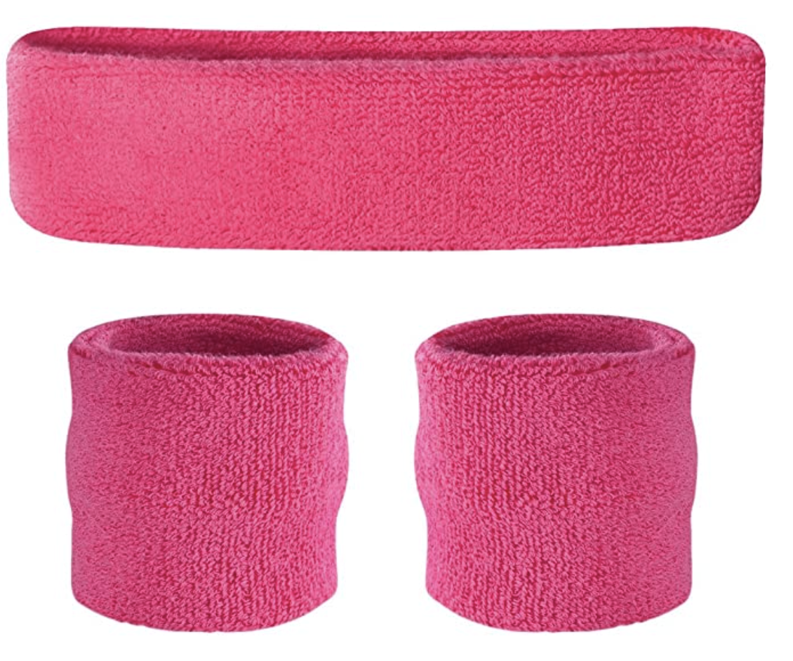 WRISTBAND & HEADBAND SET Tennis Terry Towelling Cotton Sweat Band Team Gym - Hot Pink V563-BR-WRISTXHBSET-HTPNK
