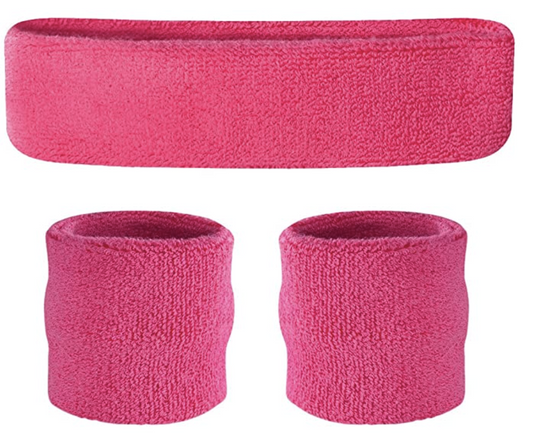WRISTBAND & HEADBAND SET Tennis Terry Towelling Cotton Sweat Band Team Gym - Hot Pink V563-BR-WRISTXHBSET-HTPNK