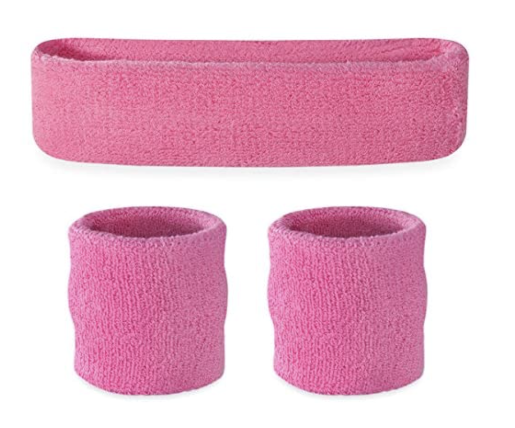 WRISTBAND & HEADBAND SET Tennis Terry Towelling Cotton Sweat Band Team Gym - Light Pink V563-BR-WRISTXHBSET-LTPNK