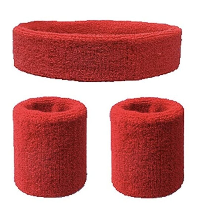 WRISTBAND & HEADBAND SET Tennis Terry Towelling Cotton Sweat Band Team Gym - Red V563-BR-WRISTXHBSET-RED