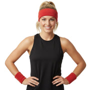 WRISTBAND & HEADBAND SET Tennis Terry Towelling Cotton Sweat Band Team Gym - Red V563-BR-WRISTXHBSET-RED