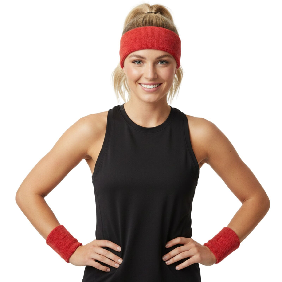 WRISTBAND & HEADBAND SET Tennis Terry Towelling Cotton Sweat Band Team Gym - Red V563-BR-WRISTXHBSET-RED