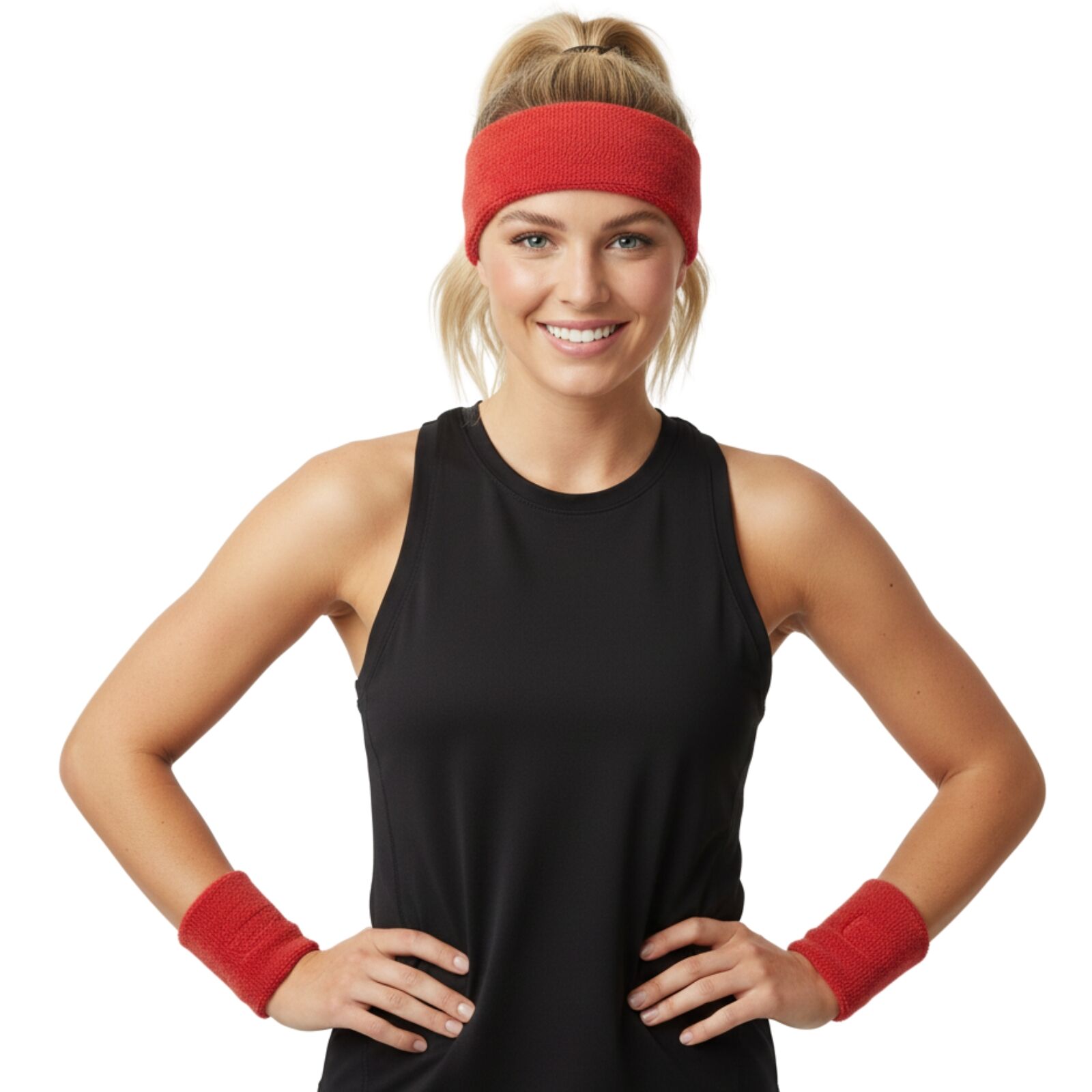 WRISTBAND & HEADBAND SET Tennis Terry Towelling Cotton Sweat Band Team Gym - Red V563-BR-WRISTXHBSET-RED