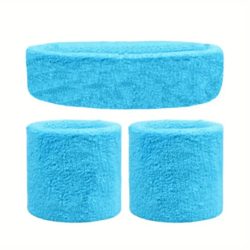 WRISTBAND & HEADBAND SET Tennis Terry Towelling Cotton Sweat Band Team Gym - Sky Blue V563-BR-WRISTXHBSET-SKYBLU