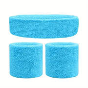 WRISTBAND & HEADBAND SET Tennis Terry Towelling Cotton Sweat Band Team Gym - Sky Blue V563-BR-WRISTXHBSET-SKYBLU