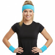 WRISTBAND & HEADBAND SET Tennis Terry Towelling Cotton Sweat Band Team Gym - Sky Blue V563-BR-WRISTXHBSET-SKYBLU