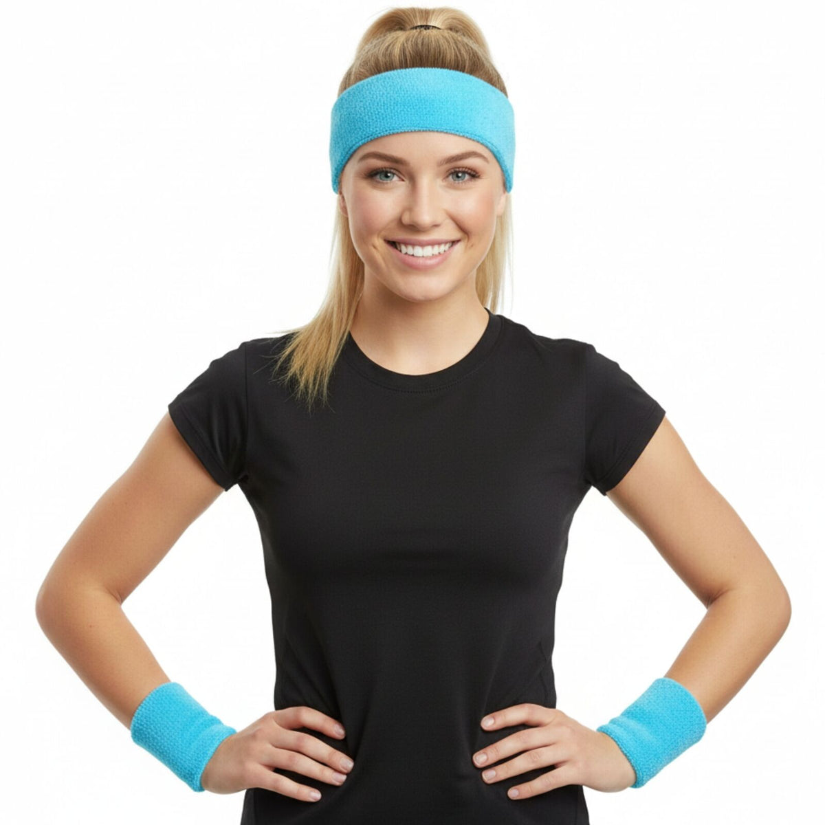 WRISTBAND & HEADBAND SET Tennis Terry Towelling Cotton Sweat Band Team Gym - Sky Blue V563-BR-WRISTXHBSET-SKYBLU