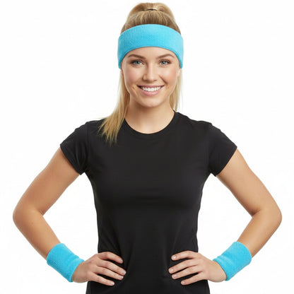 WRISTBAND & HEADBAND SET Tennis Terry Towelling Cotton Sweat Band Team Gym - Sky Blue V563-BR-WRISTXHBSET-SKYBLU