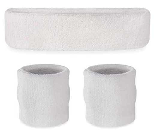 WRISTBAND & HEADBAND SET Tennis Terry Towelling Cotton Sweat Band Team Gym - White V563-BR-WRISTXHBSET-WHT
