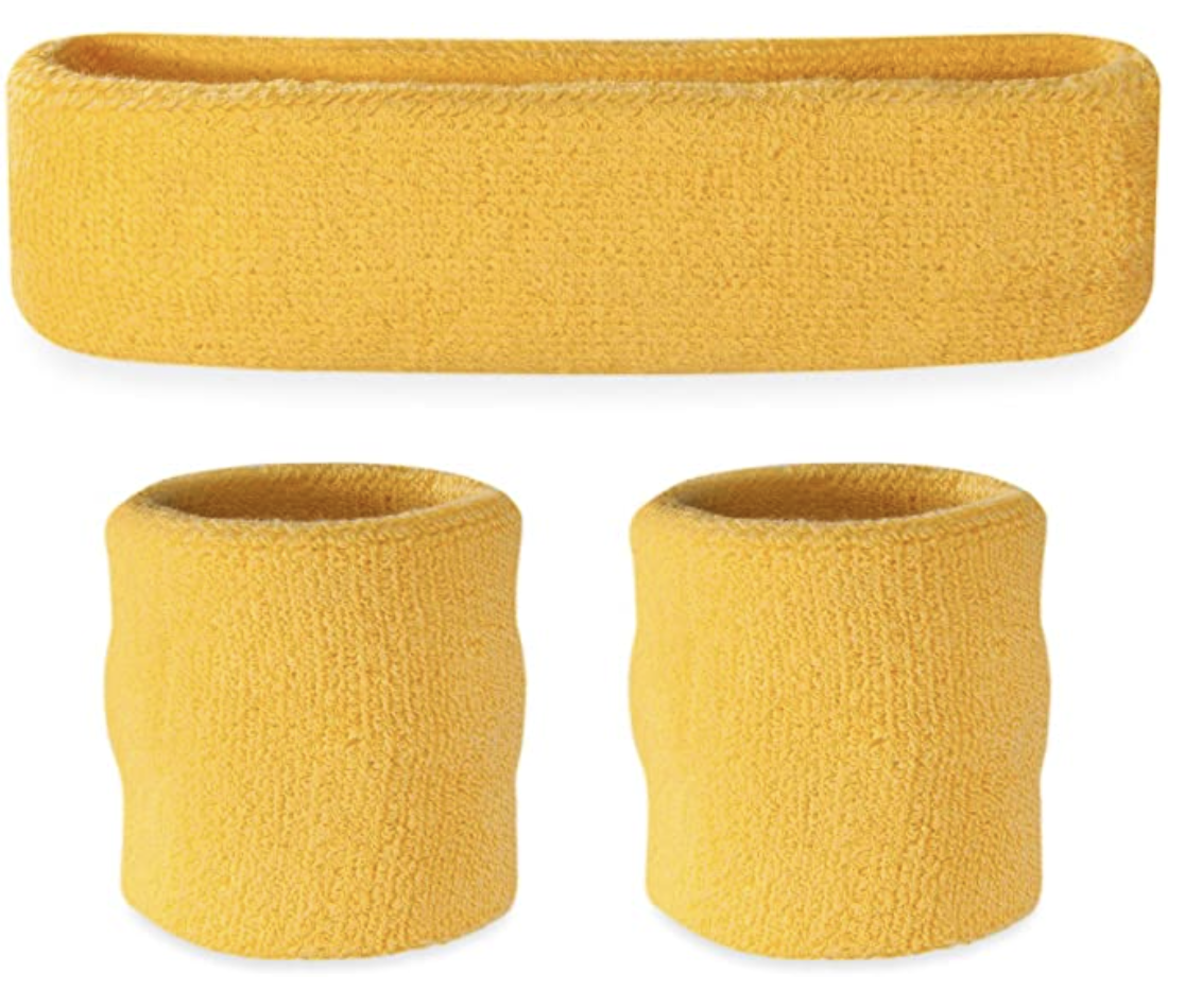 WRISTBAND & HEADBAND SET Tennis Terry Towelling Cotton Sweat Band Team Gym - Yellow V563-BR-WRISTXHBSET-YLW