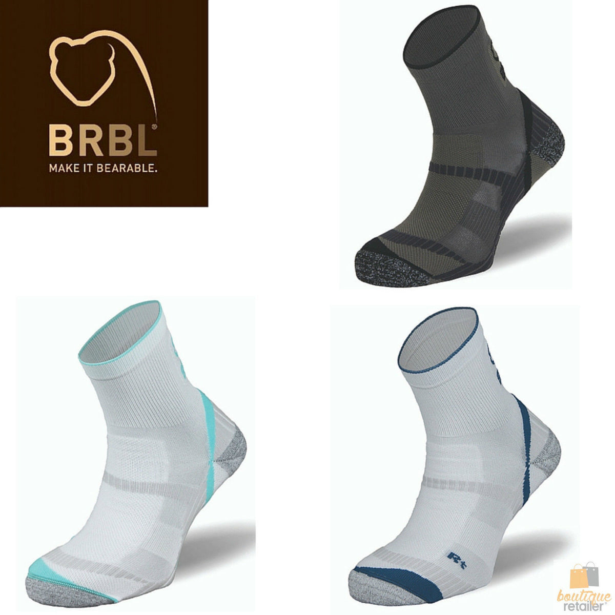 BRBL Atlas Socks Hiking Trekking Trail Run Outdoor Camping MADE IN ITALY Crew - White/Aqua - L V563-BRBL-ATLASSOX-WHT_AQUA-L