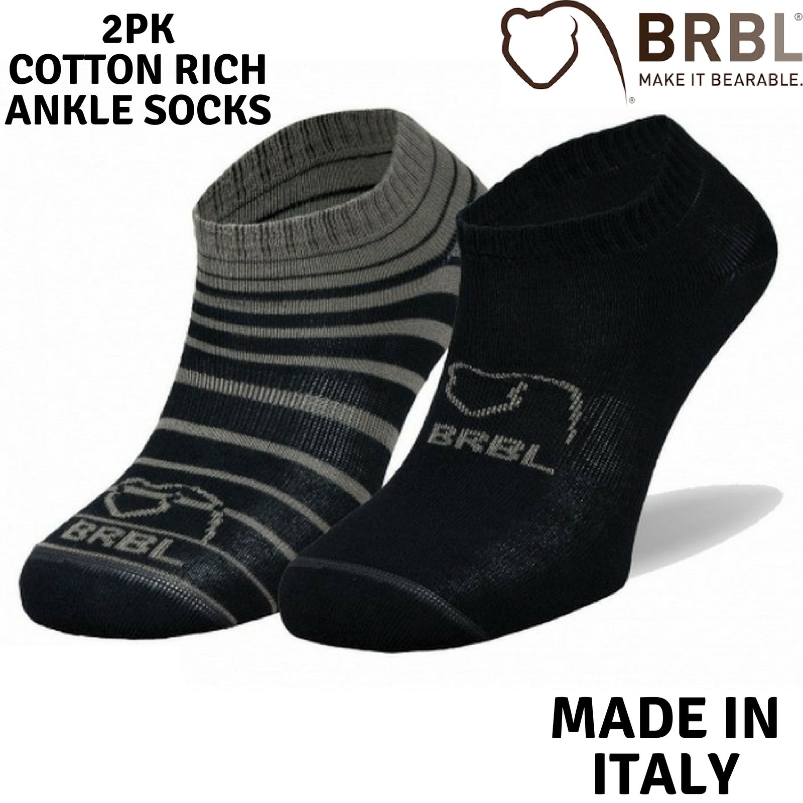 2pk BRBL Baloo Ankle Socks Low Cut MADE IN ITALY - Dark Grey/Mid Grey - L V563-BRBL-BALLOO2PK-DGRY-L