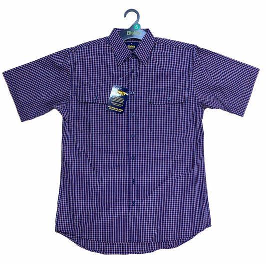 Bisley Mens Short Sleeve Check Shirt Checkered Cotton Blend Casual Business Work - Navy - S V563-BS2858_CBDE-S