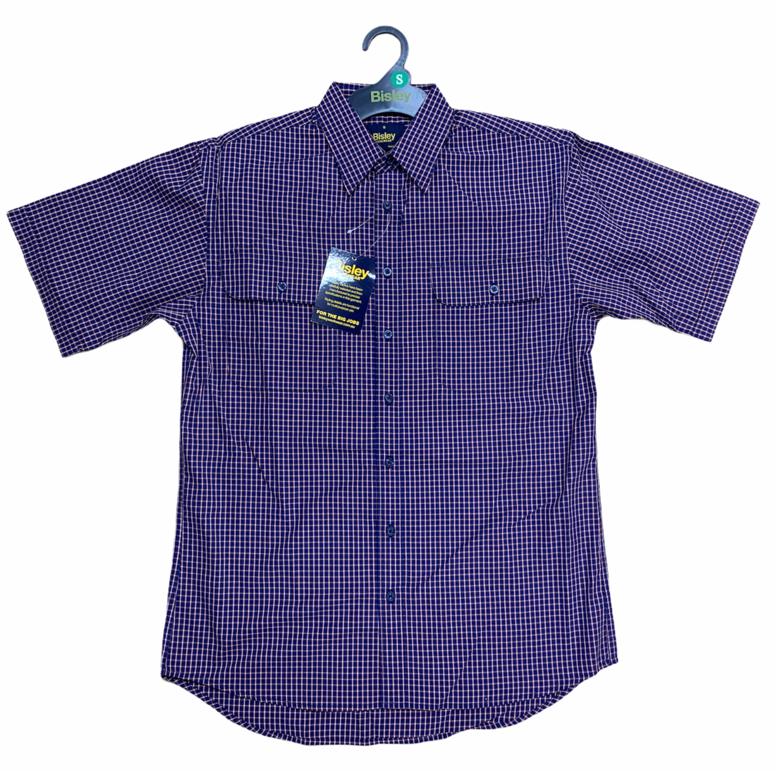 Bisley Mens Short Sleeve Check Shirt Checkered Cotton Blend Casual Business Work - Navy - S V563-BS2858_CBDE-S