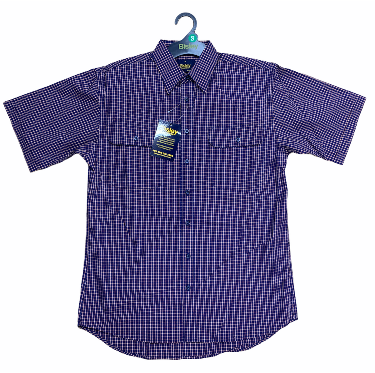 Bisley Mens Short Sleeve Check Shirt Checkered Cotton Blend Casual Business Work - Navy - S V563-BS2858_CBDE-S