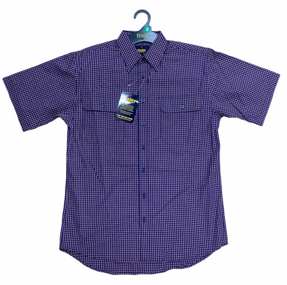 Bisley Mens Short Sleeve Check Shirt Checkered Cotton Blend Casual Business Work - Navy - S V563-BS2858_CBDE-S