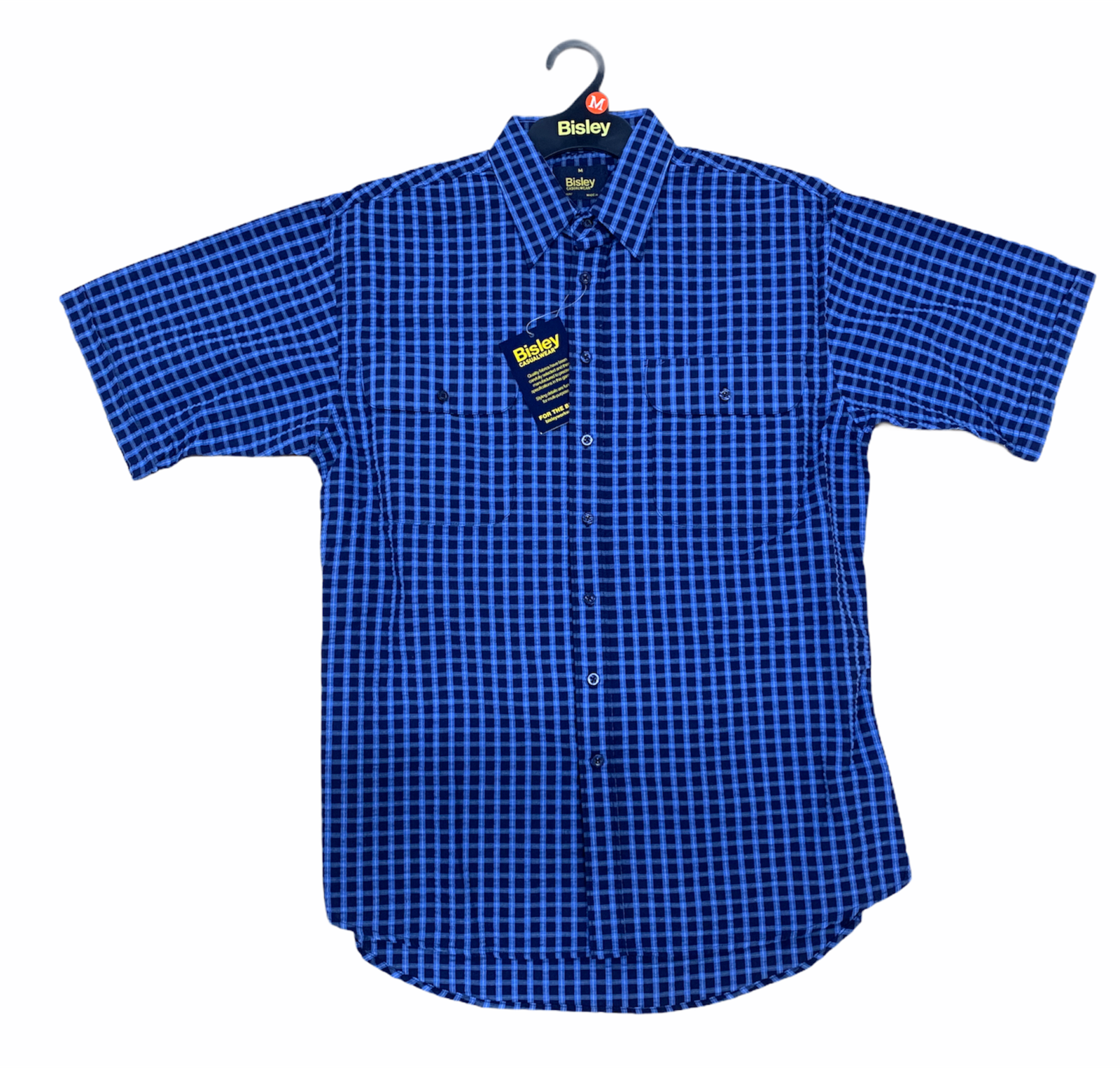 Bisley Mens Short Sleeve Seersucker Shirt Checkered Cotton Blend Casual Business Work - Blue - M V563-BS2884_CMVB-M