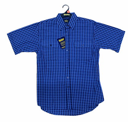Bisley Mens Short Sleeve Seersucker Shirt Checkered Cotton Blend Casual Business Work - Blue - M V563-BS2884_CMVB-M