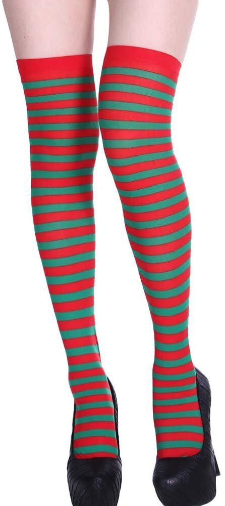 Christmas Over The Knee Socks Red Green Xmas Candy Cane Striped Socks Elf V563-CHRISTMAS_OVERTHEKNEESOCK