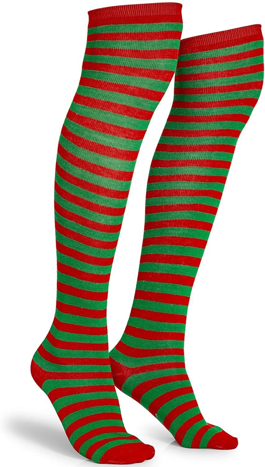 Christmas Over The Knee Socks Red Green Xmas Candy Cane Striped Socks Elf V563-CHRISTMAS_OVERTHEKNEESOCK
