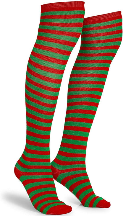 Christmas Over The Knee Socks Red Green Xmas Candy Cane Striped Socks Elf V563-CHRISTMAS_OVERTHEKNEESOCK