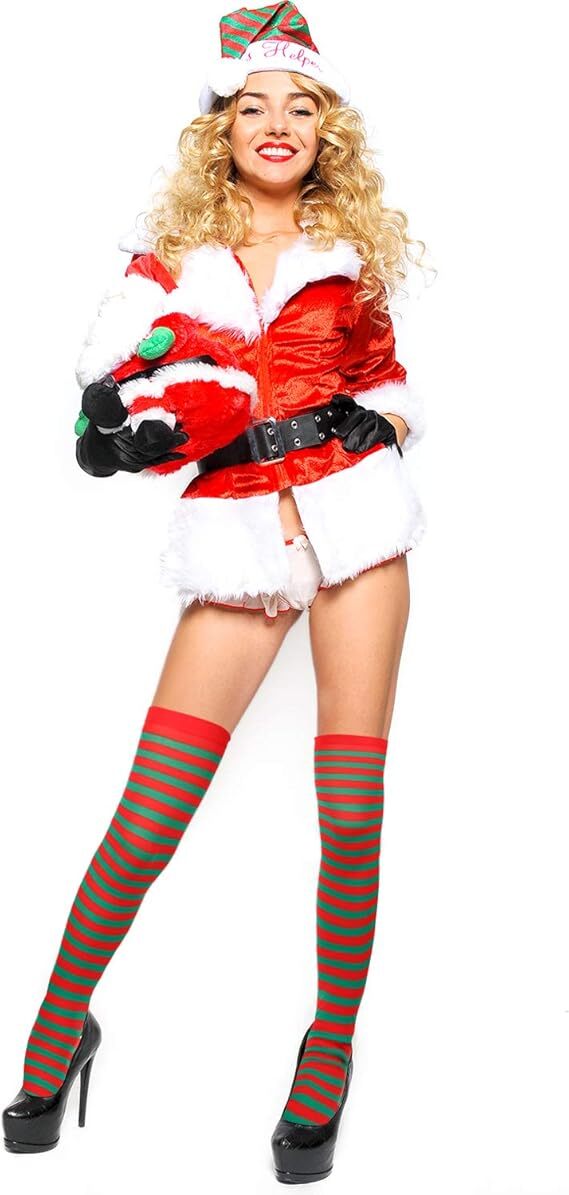 Christmas Over The Knee Socks Red Green Xmas Candy Cane Striped Socks Elf V563-CHRISTMAS_OVERTHEKNEESOCK