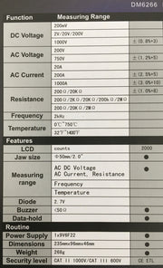 Digital Clamp Meter AC/DC Voltage Resistance Frequency DM6266 - Batteries Incl. V563-CK29865