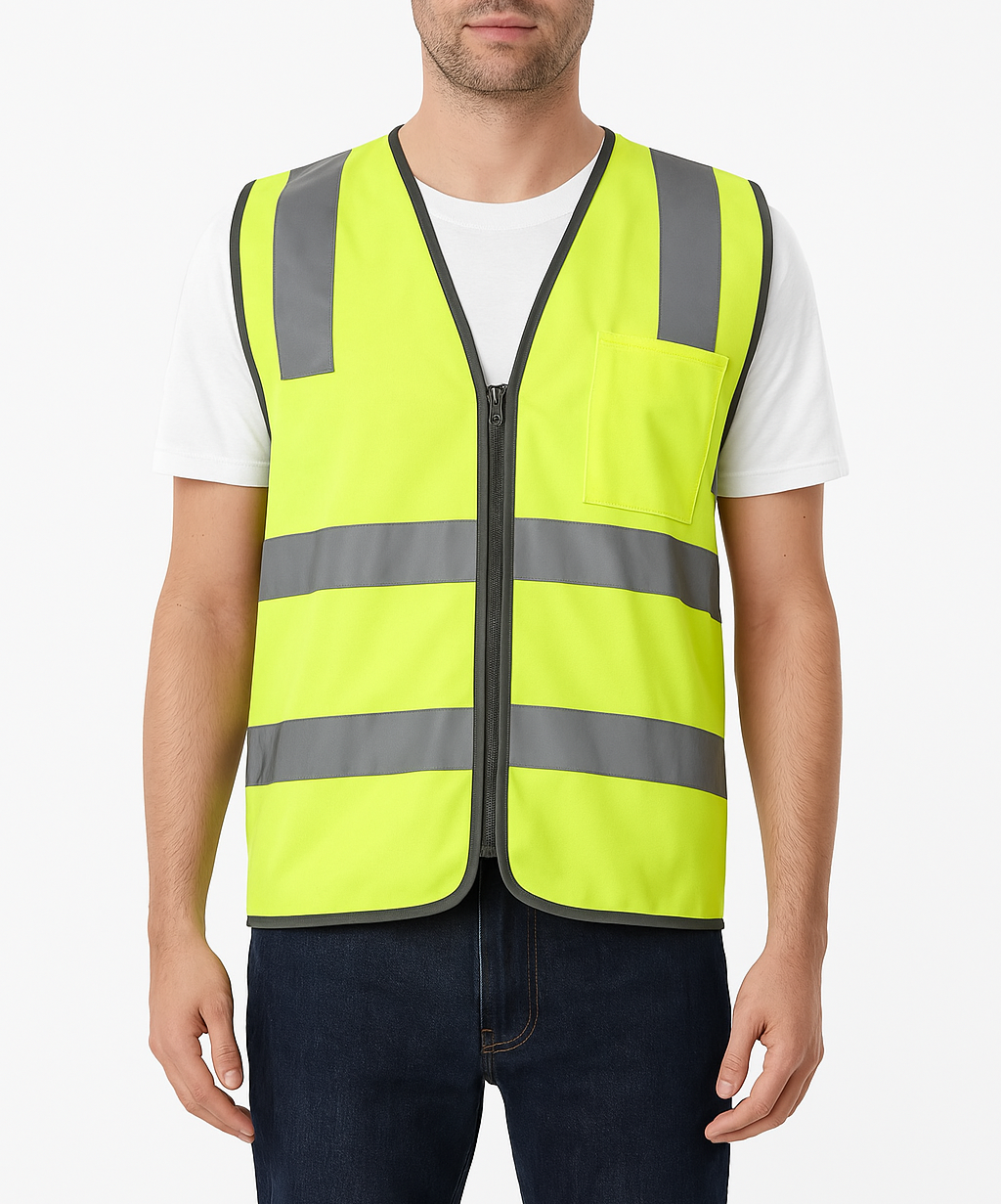 Hi Vis Safety Vest Reflective Tape Zip Up Workwear Pocket High Visibility in Yellow - M V563-CL-033-YLW-M