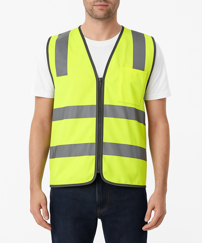 Hi Vis Safety Vest Reflective Tape Zip Up Workwear Pocket High Visibility in Yellow - M V563-CL-033-YLW-M
