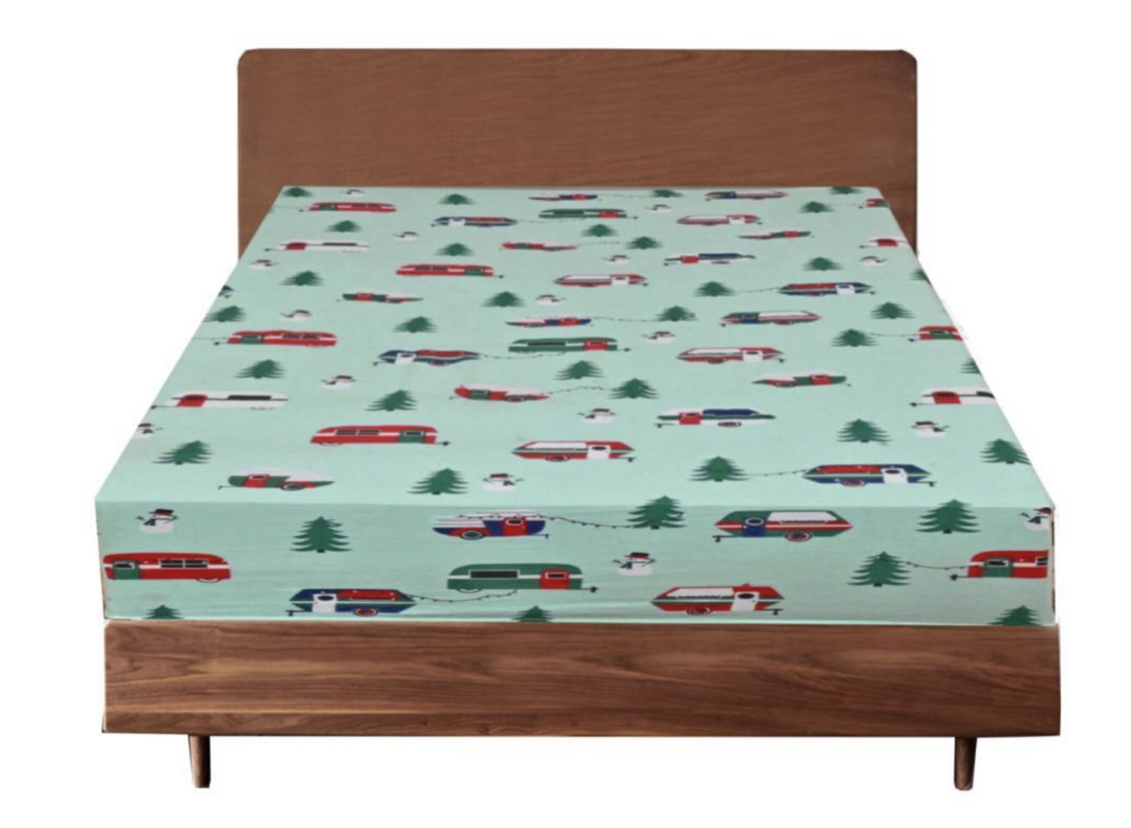 Queen Luxury 100% Cotton Flannelette Fitted Bed Sheet Flannel - Trees/Caravan V563-D002-QUEEN