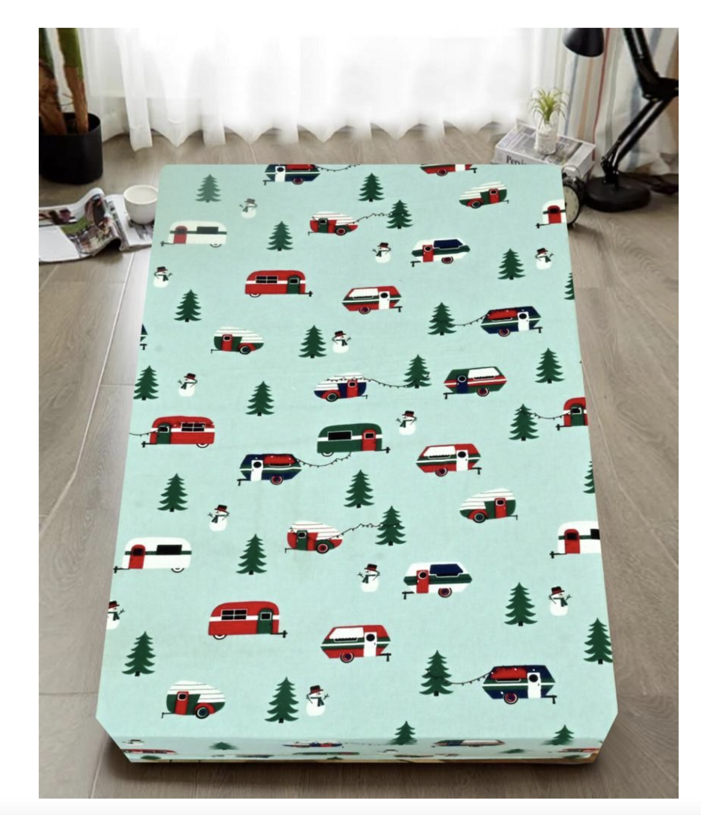 Queen Luxury 100% Cotton Flannelette Fitted Bed Sheet Flannel - Trees/Caravan V563-D002-QUEEN