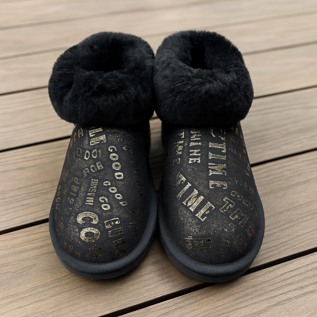 Womens Australian Sheepskin Wool Fur Mini UGG Ankle Boots in Gold Black - 5