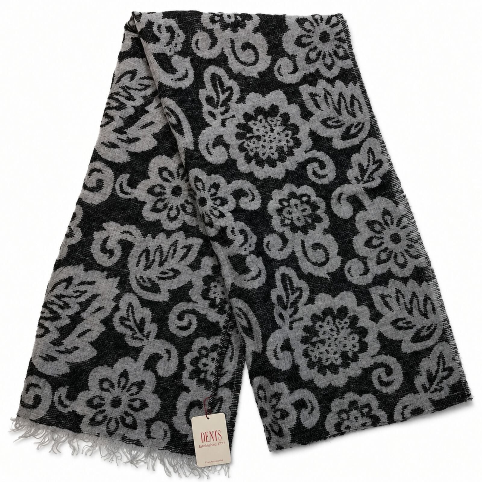 Large Pashmina Style Scarf Floral Wool Blend Womens Winter Wrap 200x40cm - Black