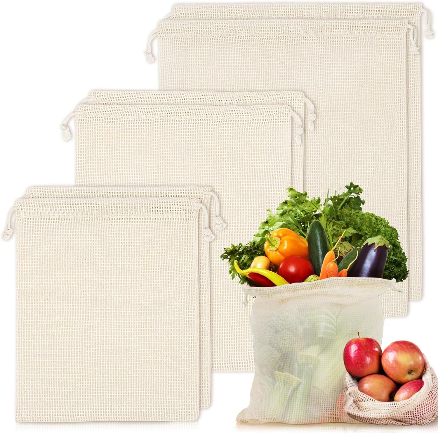 Set of 10 ECOCLAND Reusable Mesh Produce Bags Fruit Grocery Storage Washable Eco Bag V563-ECOCLAND-PRODUCEBAGS